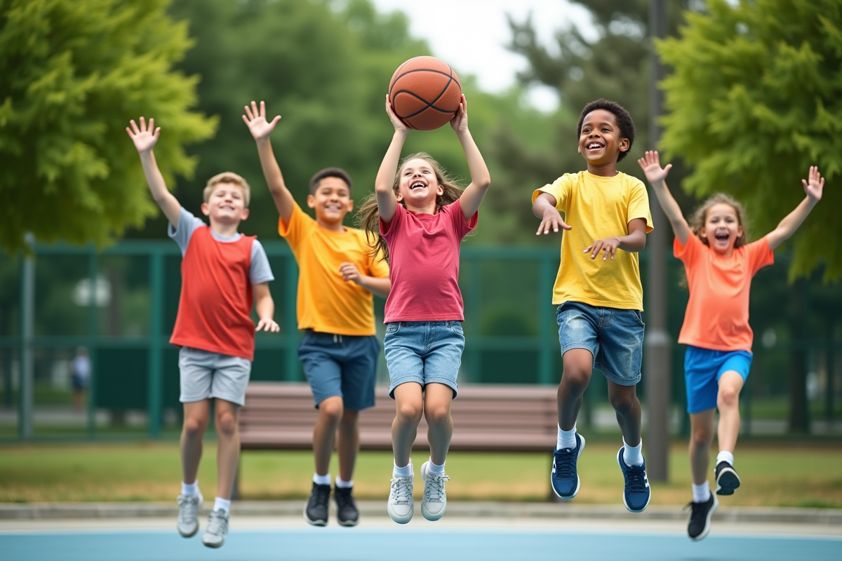 Groupe d'enfants jouant au basket en extérieur
