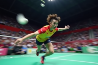 Joueur de badminton en plein saut avec coupe mullet lors d'un tournoi