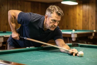 Joueur de billard analysant un angle de tir avec précision sur un tapis vert en salle de billard