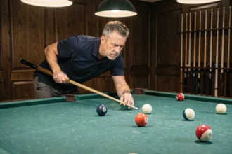 Joueur de billard analysant l'angle de tir sur une table professionnelle en feutrine verte
