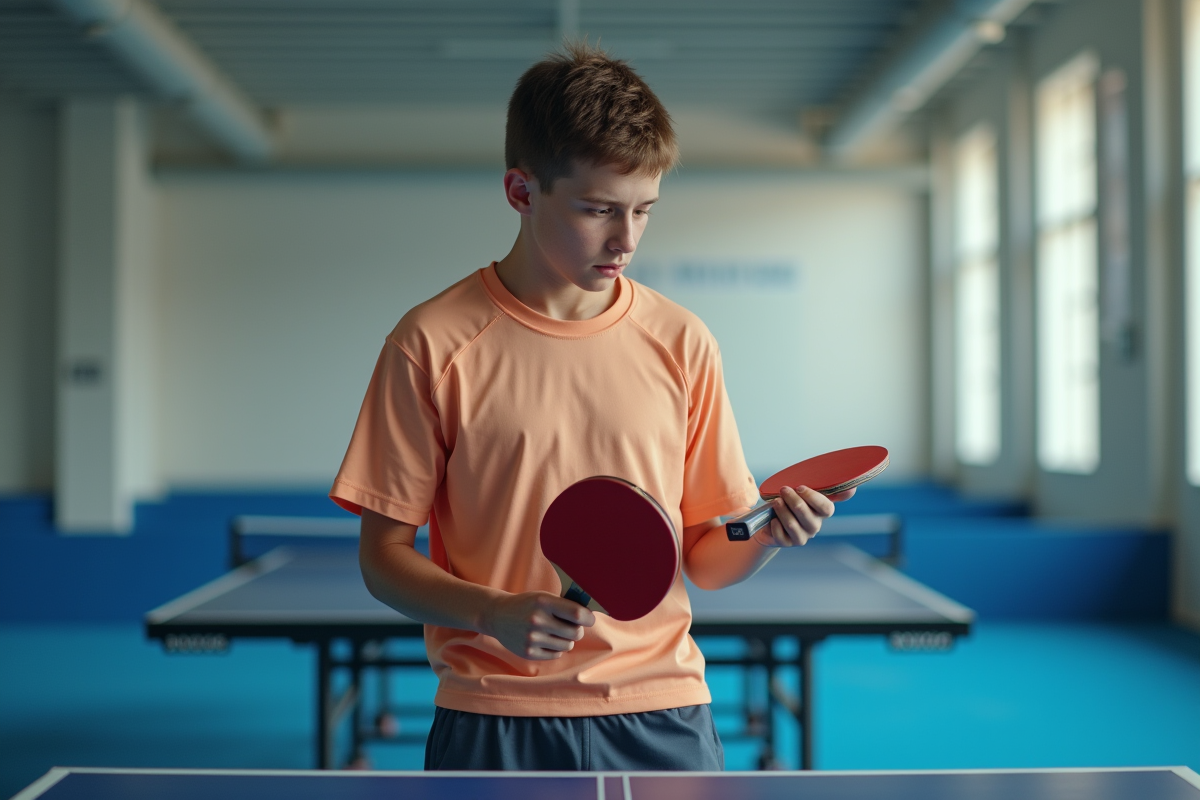 Jeune joueur tenant une raquette de ping pong en salle d