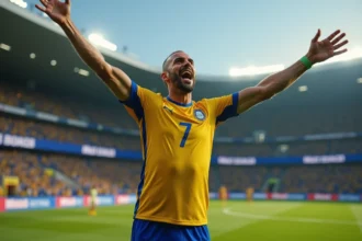 Joueur de football professionnel célébrant un but en Saudi Pro League portant le maillot numéro 7 d'Al Nassr