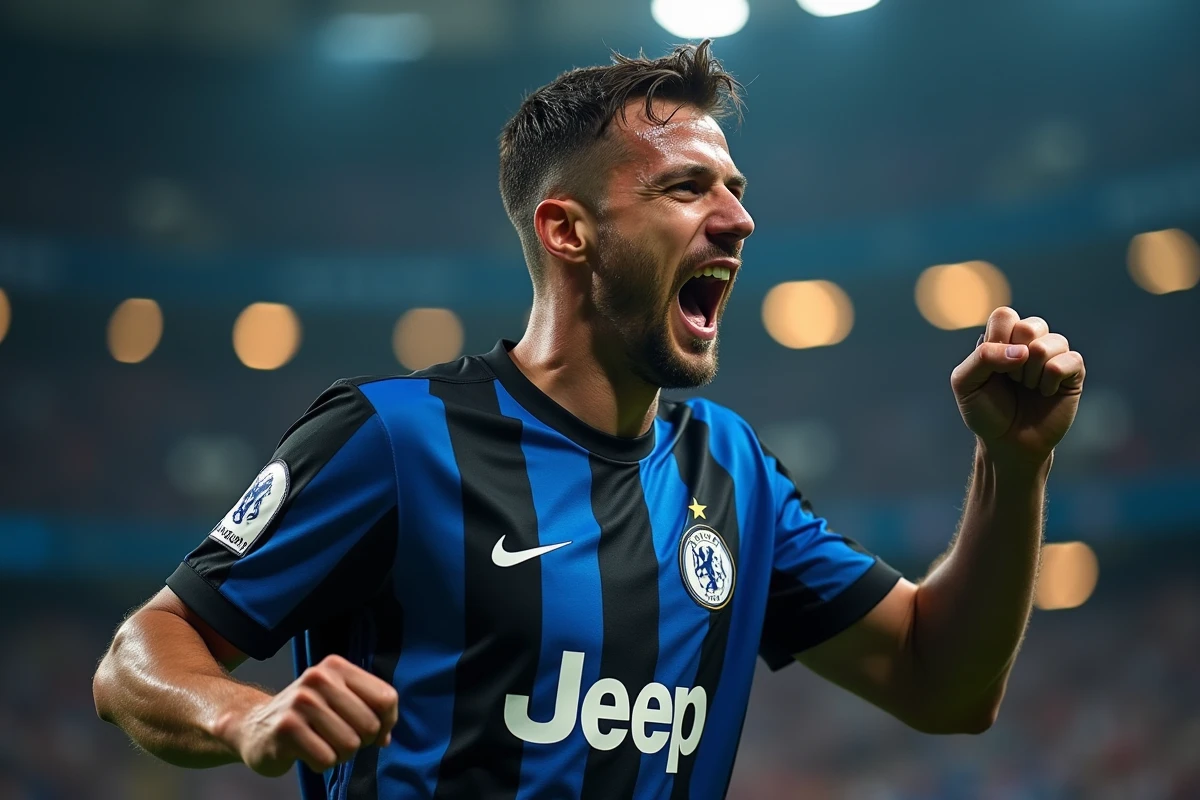 Joueur de l'Inter de Milan célébrant un but en Ligue des Champions avec le badge UEFA sur son maillot rayé bleu et noir