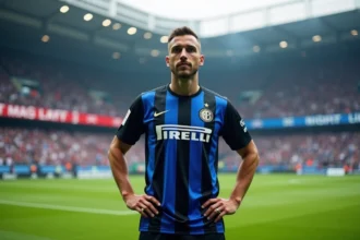 Joueur de football professionnel portant le maillot de l'Inter Milan au stade San Siro, illustrant l'attrait du club pour les stars mondiales