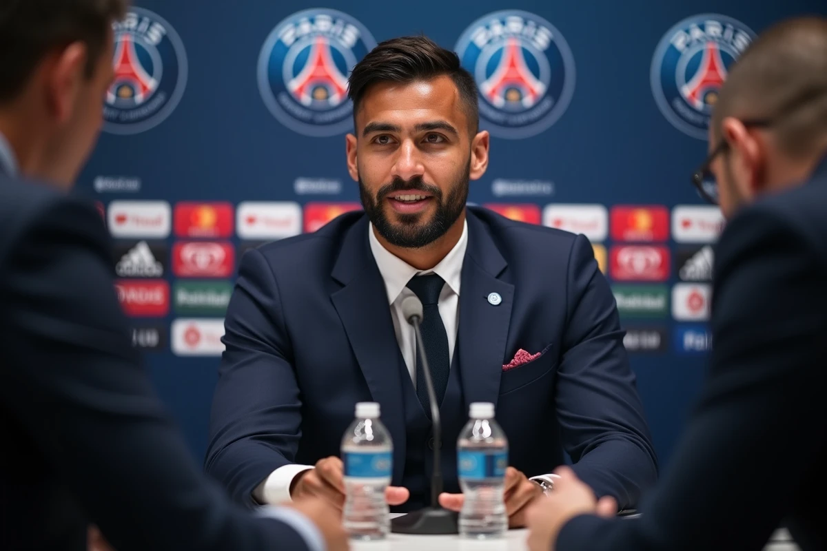 Joueur du PSG en costume officiel lors d'une conférence de presse dans la salle de communication du club