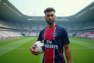 Joueur du PSG en maillot domicile tenant un ballon lors d'un entraînement au Parc des Princes en 2026
