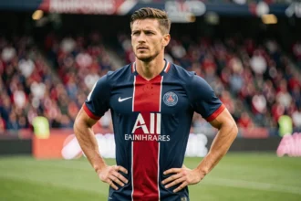 Joueur du PSG en maillot domicile bleu marine et rouge sur la pelouse du Parc des Princes, composition type équipe titulaire