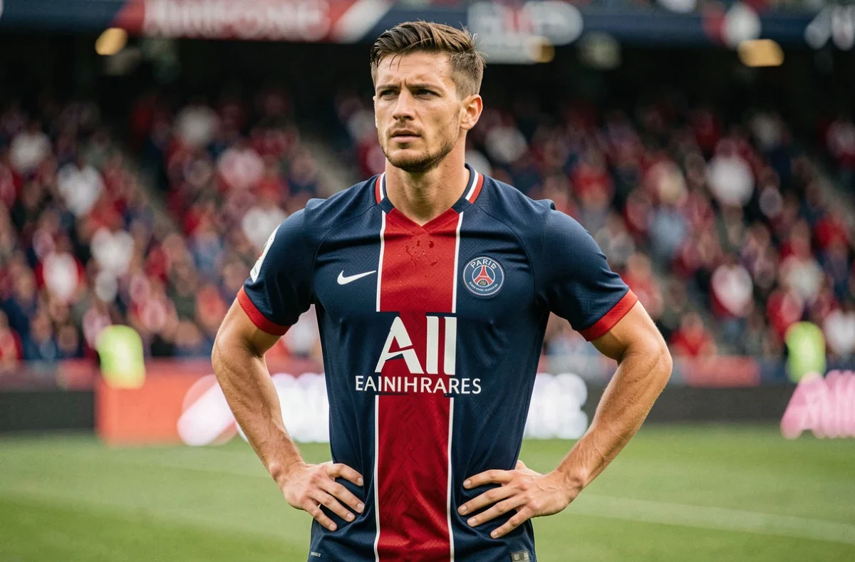 Joueur du PSG en maillot domicile bleu marine et rouge sur la pelouse du Parc des Princes, composition type équipe titulaire