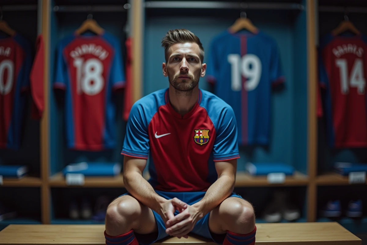 Joueur professionnel du PSG pensif dans le vestiaire face à une incertitude contractuelle