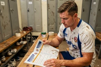 Joueur de rugby amateur consultant le calendrier Fédérale 2 Poule 4 2026 dans un vestiaire de club