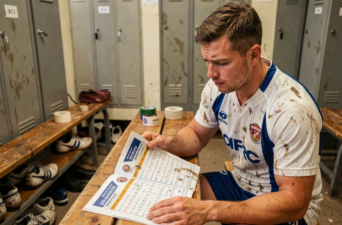 Joueur de rugby amateur consultant le calendrier Fédérale 2 Poule 4 2026 dans un vestiaire de club