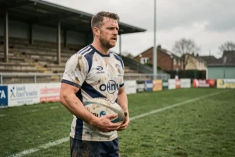 Joueur de rugby Fédérale 1 tenant un ballon ovale après un match de poule, stade communautaire en arrière-plan