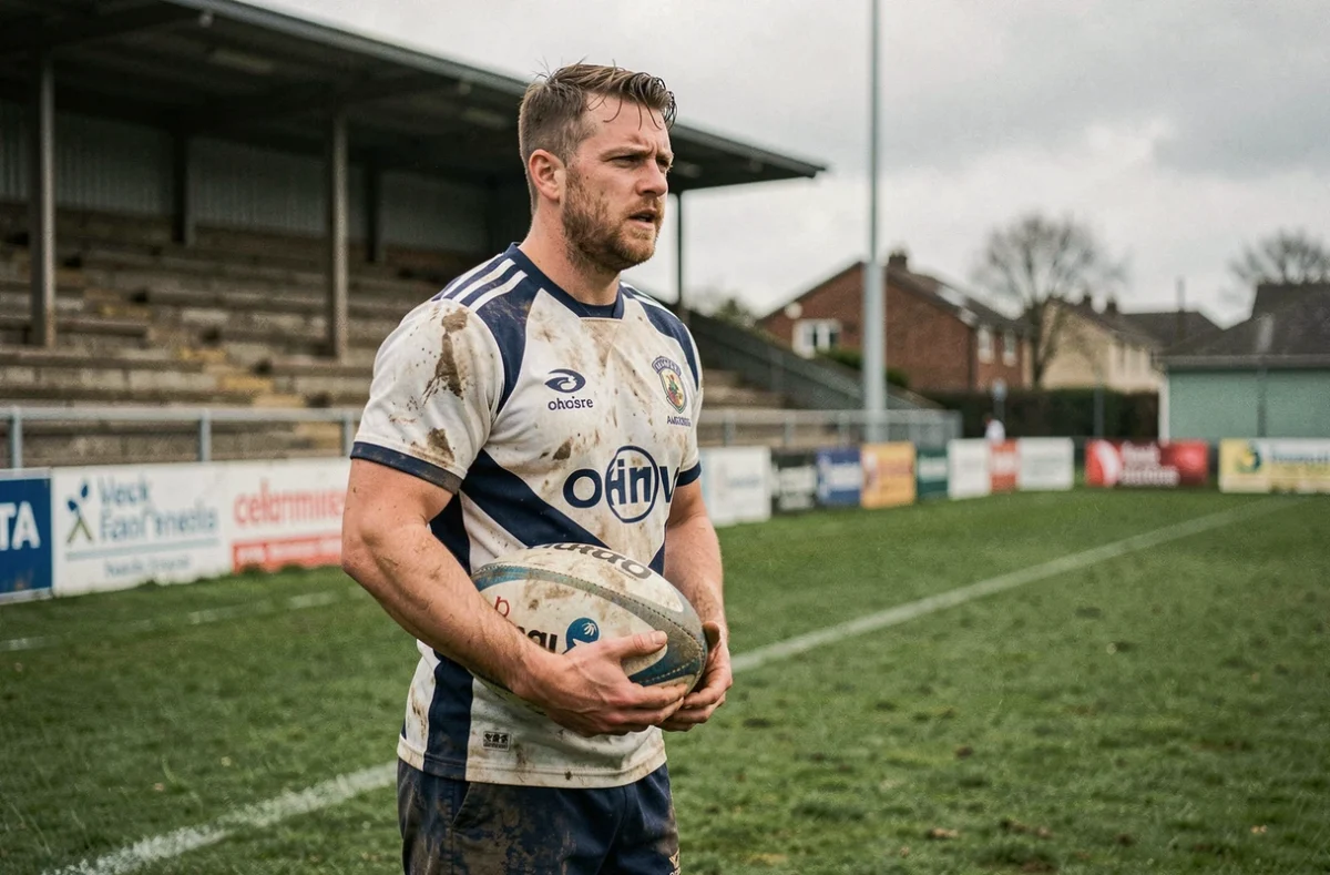 Joueur de rugby Fédérale 1 tenant un ballon ovale après un match de poule, stade communautaire en arrière-plan