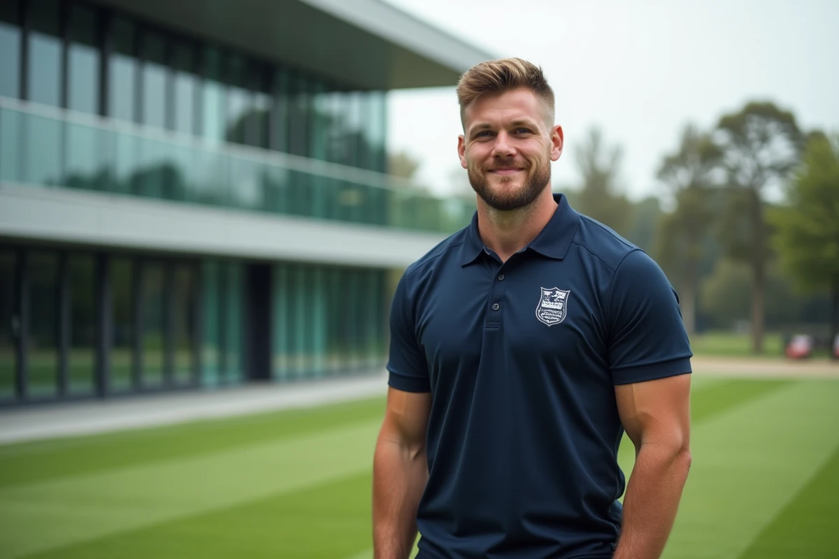 Jeune joueur de rugby professionnel en tenue de club posant devant une infrastructure sportive moderne avec confiance