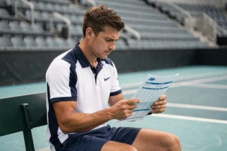 Joueur de tennis professionnel analysant son classement ATP assis en bord de court