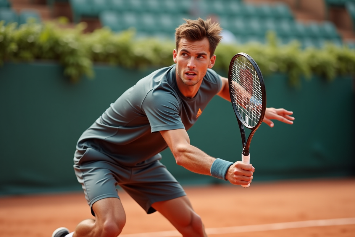 Jeune joueur de tennis en action sur terre battue