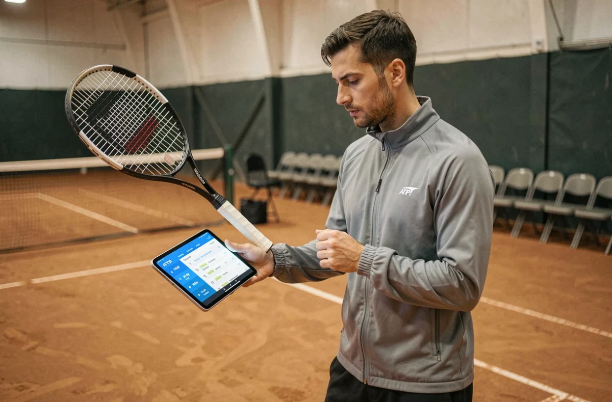 Joueur de tennis professionnel consultant les données de classement ATP sur tablette en salle d'entraînement