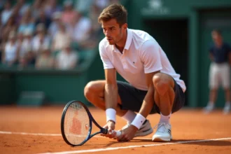 Joueur de tennis masculin en position d'attente sur un court en terre battue, raquette en main, expression concentrée