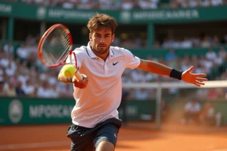 Joueur de tennis professionnel en plein élan sur un court en terre battue lors d'un grand tournoi 2026
