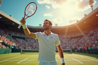 Joueur de tennis célèbre célébrant sa victoire en extérieur