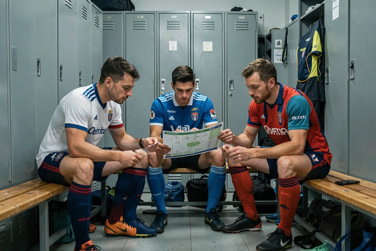 Joueurs de football australien en vestiaire analysant une feuille tactique, représentant les dynamiques d'équipe après les transferts de la A-League