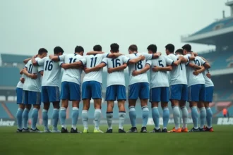 Joueurs du Football Club Versailles 78 en cercle tactique sur le terrain avant un match décisif pour le classement 2026
