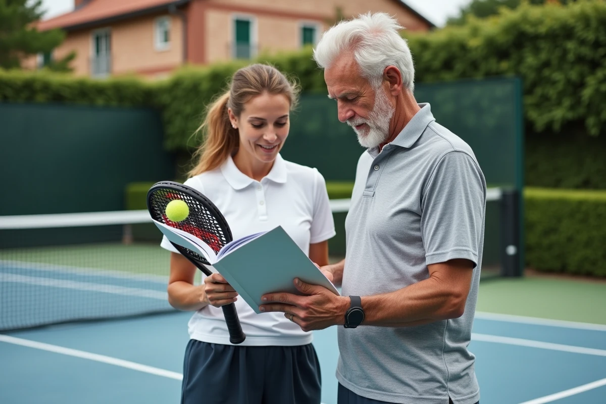 Joueurs de padel consultant le règlement officiel et les obligations sur un court homologué en France