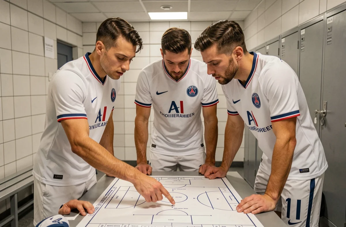 Joueurs du PSG en maillot extérieur blanc autour d'un tableau tactique dans le vestiaire, composition équipe type à l'extérieur