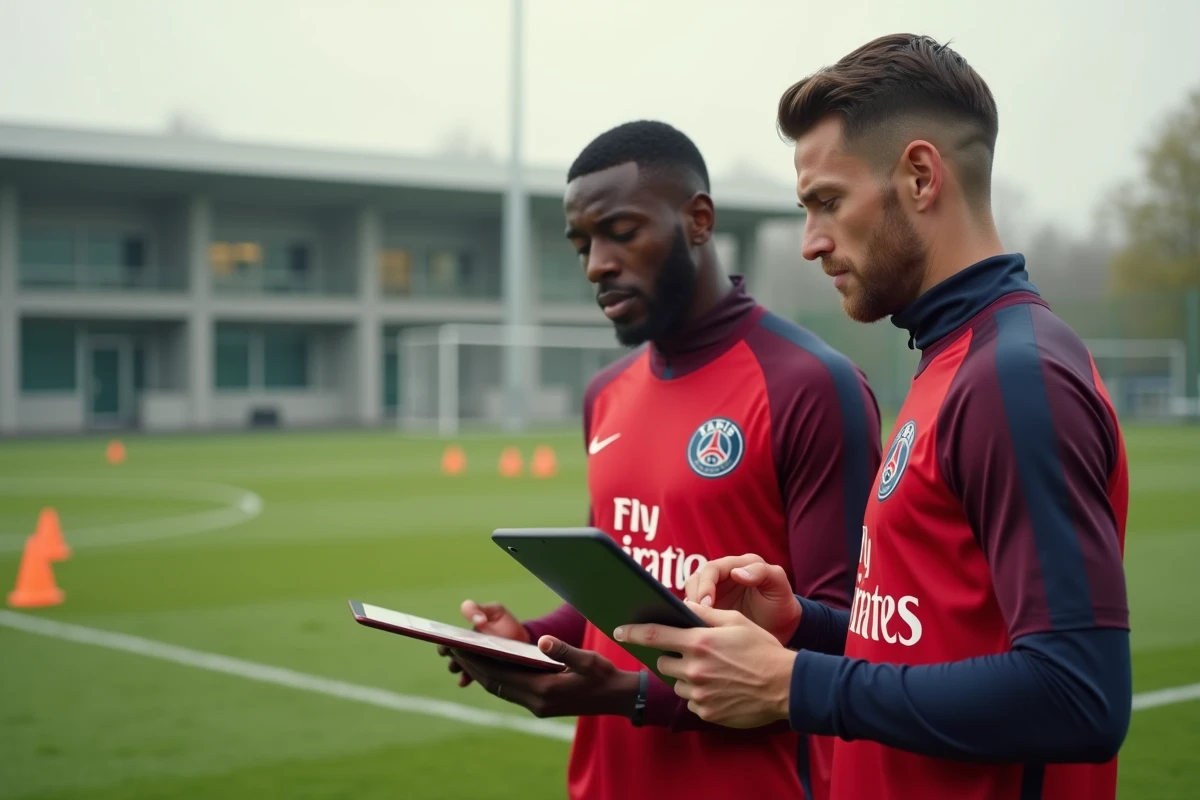Deux joueurs du PSG consultant une tablette tactique en bord de terrain lors d'une séance d'entraînement