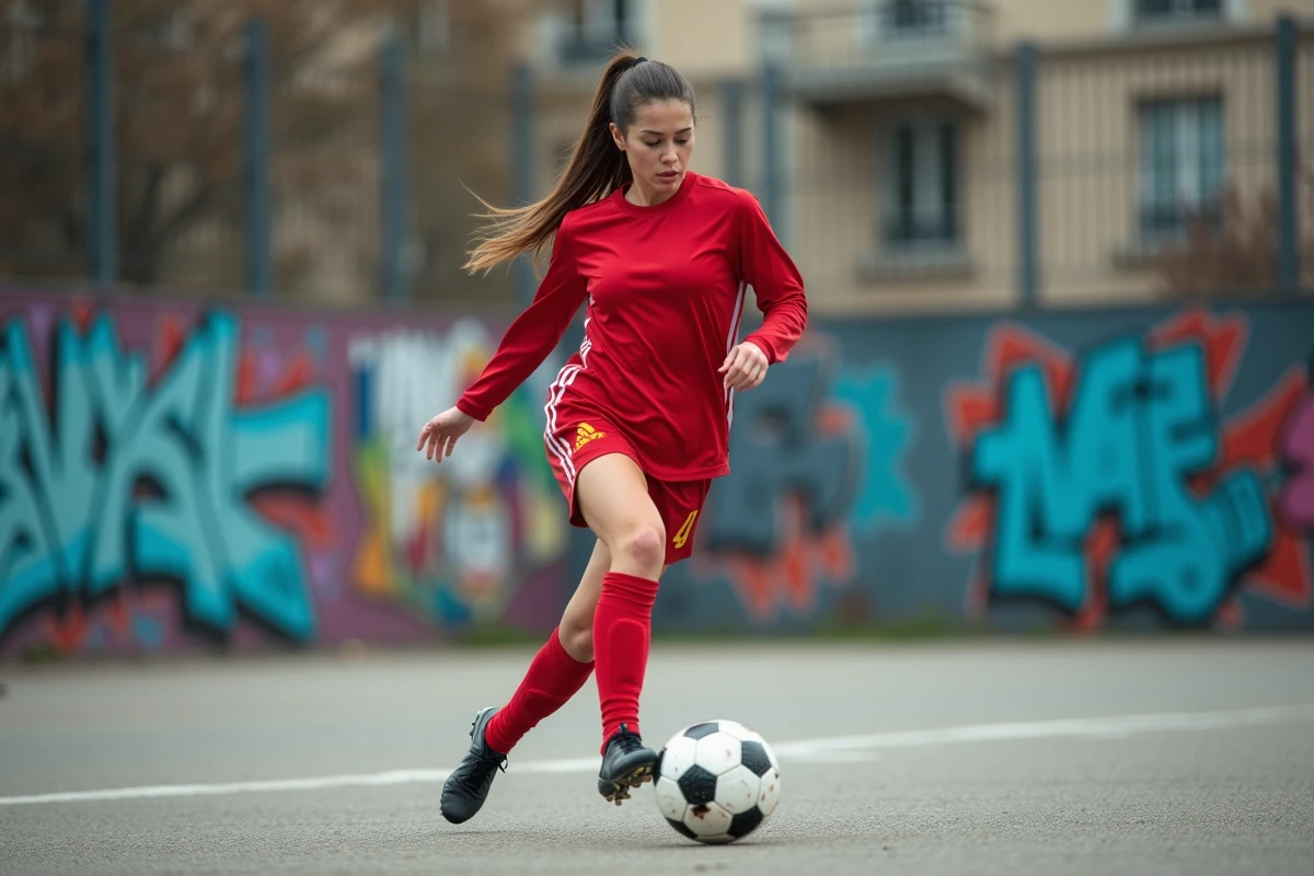 Joueuse de football féminin en train de dribbler sur un terrain urbain parisien avec fresques murales en arrière-plan