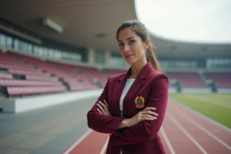 Responsable sportive qatarie en blazer officiel dans un stade moderne de Doha, posture assurée et regard déterminé