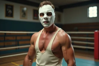 Lutteur vintage masqué dans un ring de gym ancien