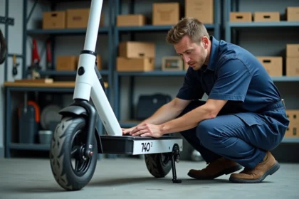 Mécanicien inspectant les pièces détachées d'une trottinette urbaine électrique dans un atelier de réparation professionnel
