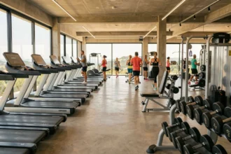 Intérieur d'une salle de sport moderne dans le Gard avec équipements de musculation et cardio