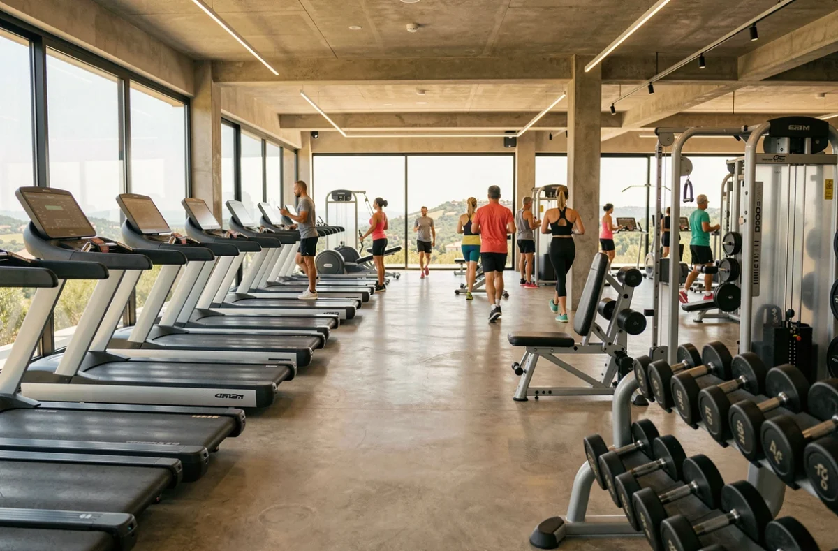 Intérieur d'une salle de sport moderne dans le Gard avec équipements de musculation et cardio