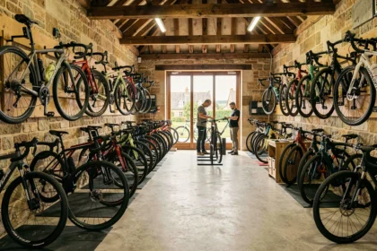 Vue panoramique d'un magasin de vélos en Normandie avec une large sélection de vélos de route, VTT et vélos électriques