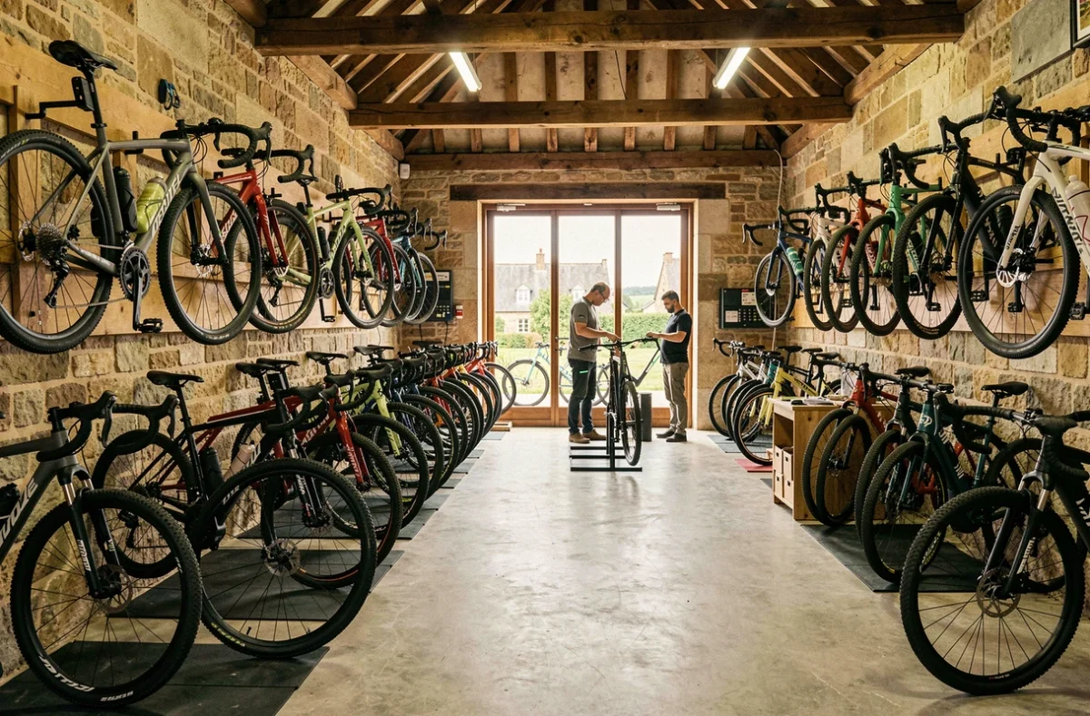 Vue panoramique d'un magasin de vélos en Normandie avec une large sélection de vélos de route, VTT et vélos électriques