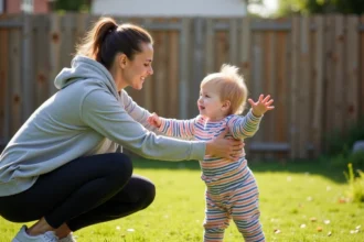 Mère et enfant de 3 ans faisant des exercices de stretching ensemble dans le jardin lors d'une mini séance de sport en famille