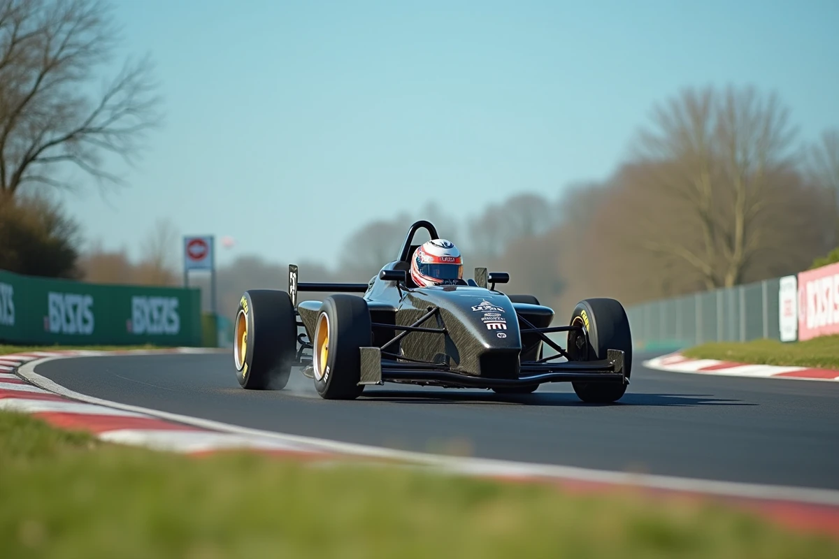 Monoplace de course négociant un virage serré sur un circuit club, fumée de pneu visible et arrière-plan en filé de vitesse