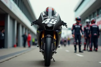 Moto MotoGP vue de trois quarts sur la voie des stands, mettant en valeur la carrosserie carbone aérodynamique et les pneus slicks