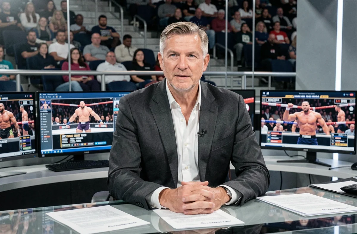 Commentateur sportif analysant les négociations contractuelles entre un catcheur vedette et la fédération TNA lors d'une émission de catch en 2026