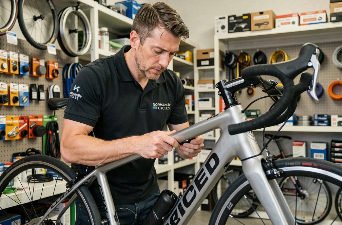 Technicien réglant un vélo de route dans le magasin Normandie Cycles à Mondeville