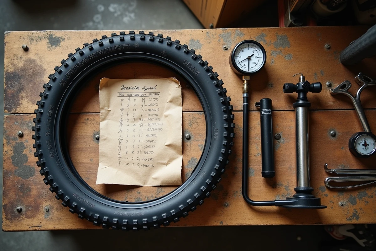 Vue à plat des outils de gonflage pneu VTT incluant manomètre et tableau de pression sur un établi d'atelier