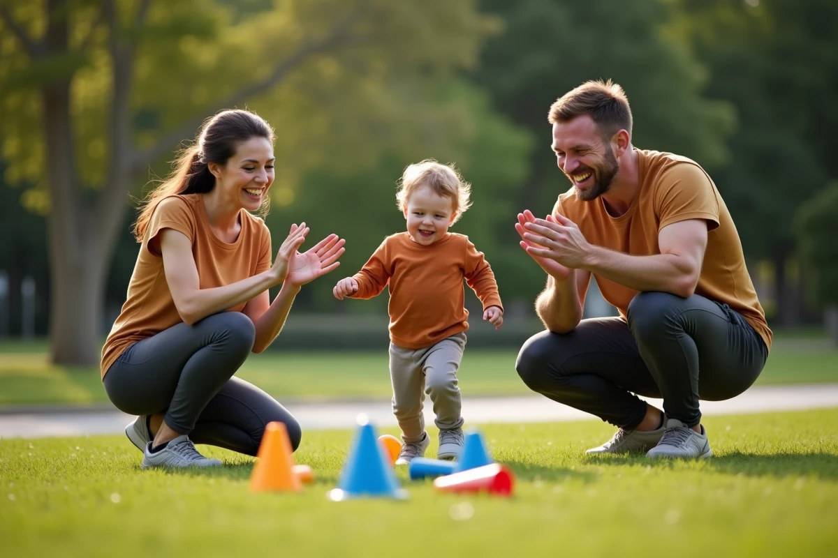 Famille avec un enfant de 3 ans réalisant un parcours d'obstacles avec des cônes dans un parc lors d'une activité sportive en plein air