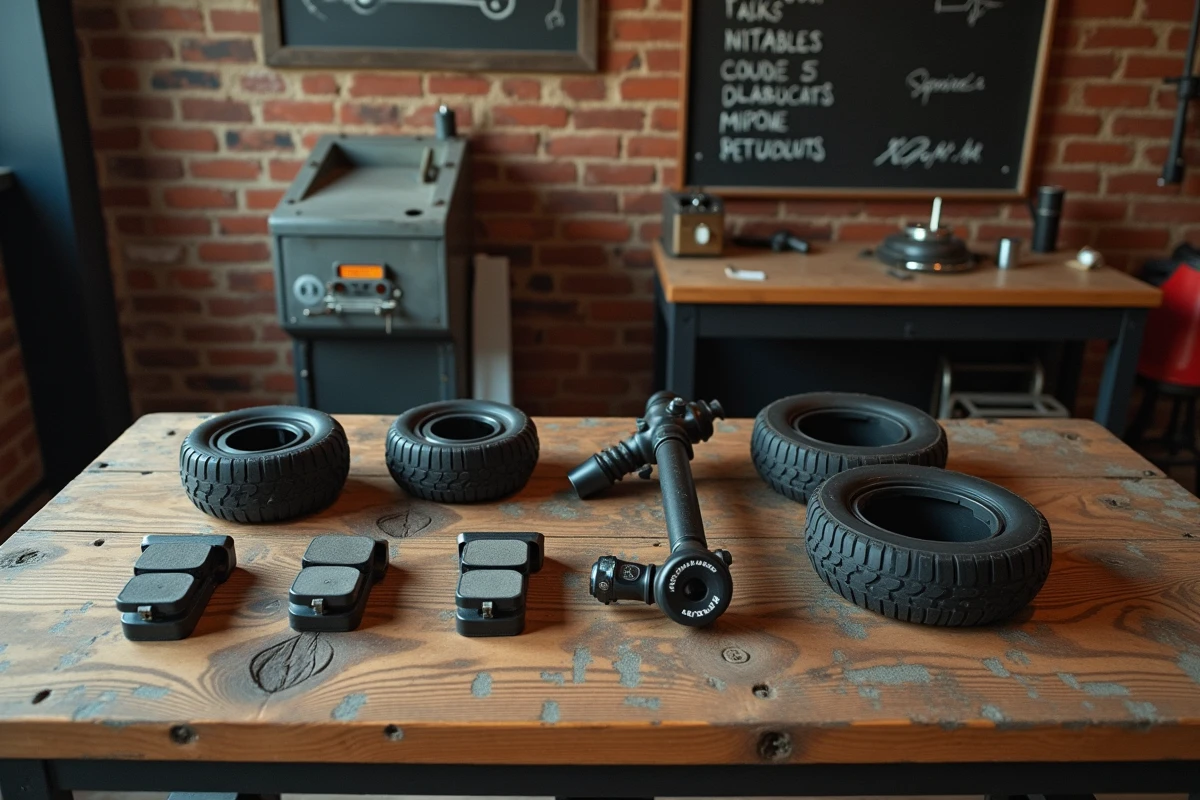 Pièces détachées compatibles pour trottinette électrique urbaine disposées sur un établi en bois dans une boutique spécialisée