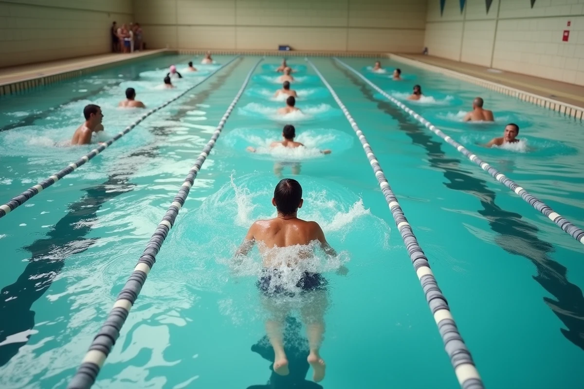 Nageurs adultes dans les couloirs de nage intérieurs de la piscine de la Butte-aux-Cailles à Paris