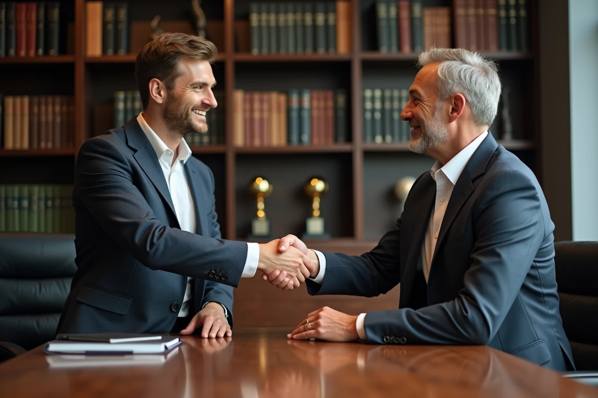 Poignée de main entre un joueur et son agent dans un bureau d'agence sportive symbolisant la finalisation d'un contrat salarial