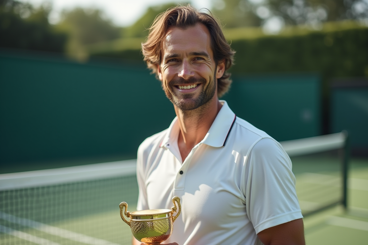 Portrait d un joueur de tennis avec trophée en main