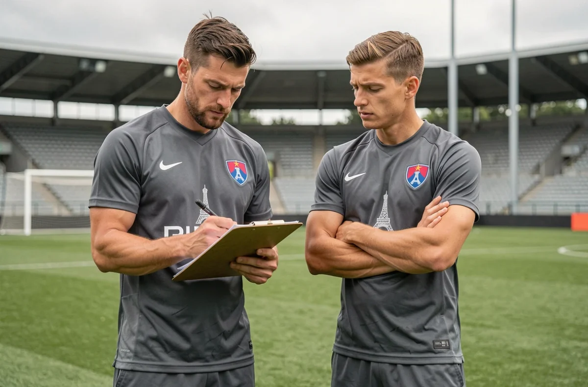Deux recrues du PSG examinant des documents contractuels lors d'une session d'entraînement en 2026