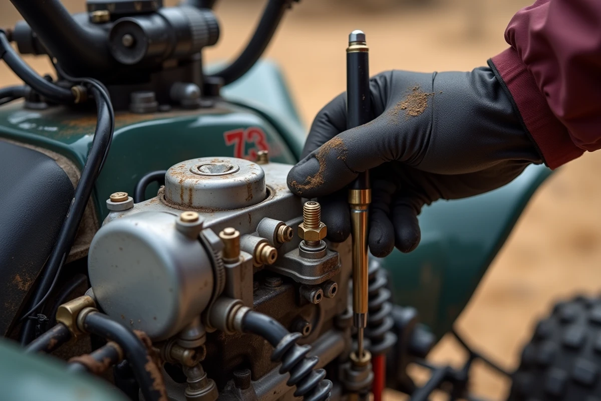 Réglage du carburateur d'un Yamaha Raptor 700 avec tournevis, détail mécanique en gros plan